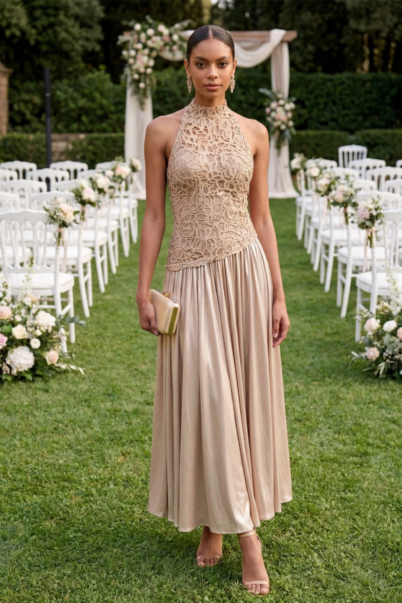 Champagne High Neck A-Line Satin Maxi Dress