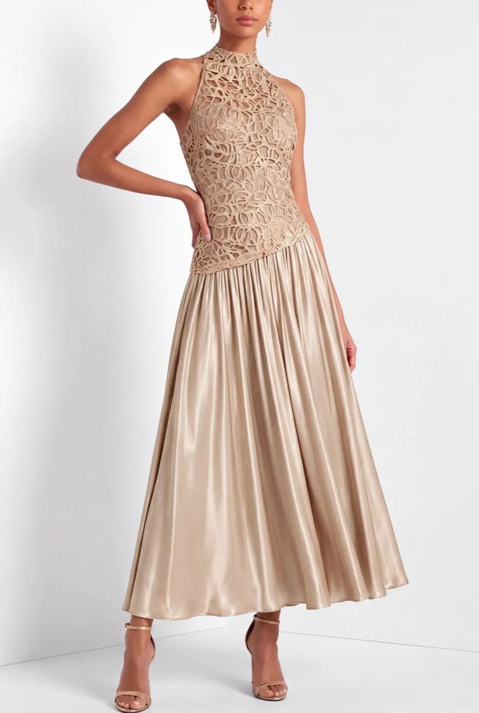 Champagne High Neck A-Line Satin Maxi Dress