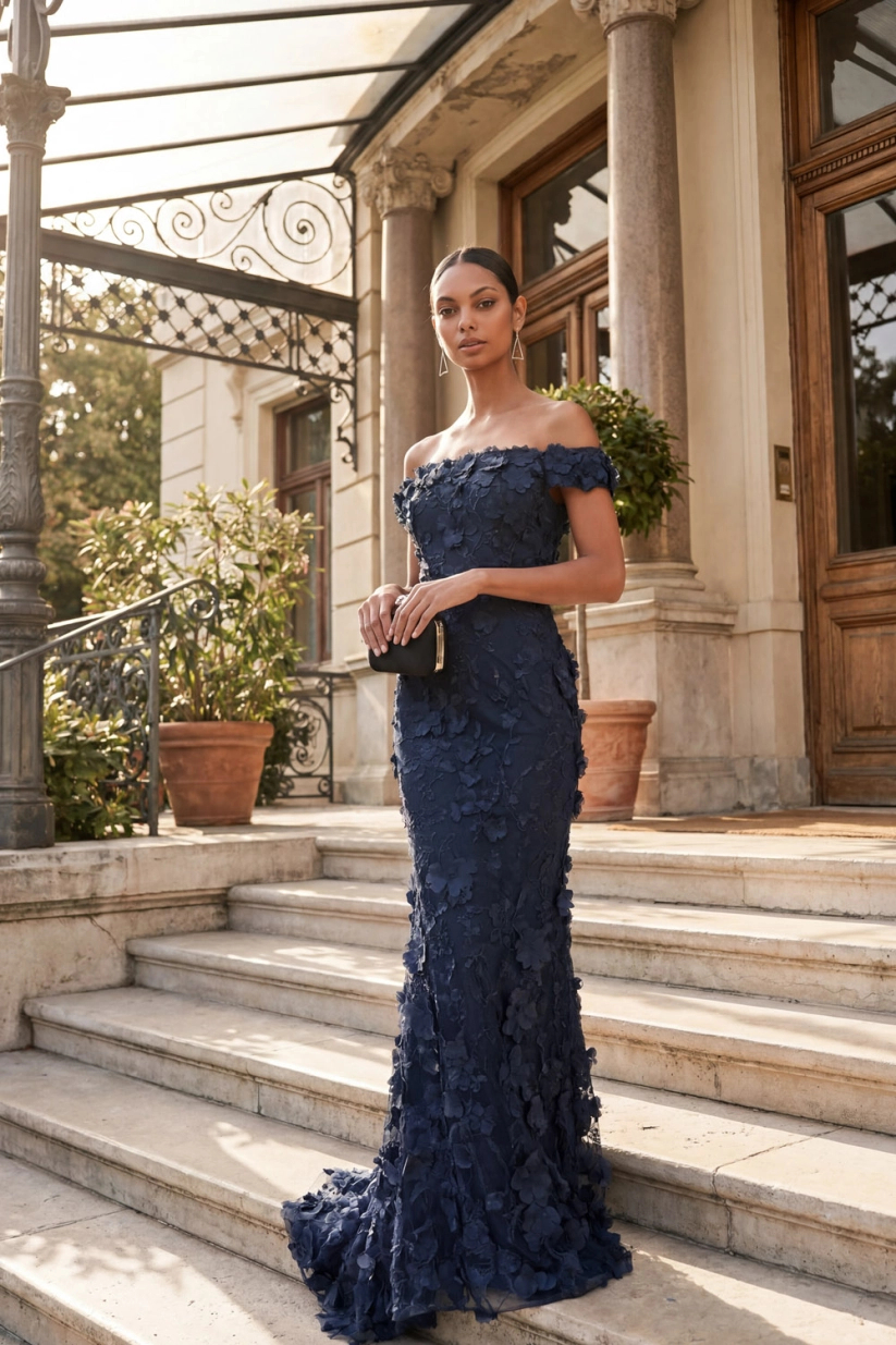 Mermaid Off Shoulder Embroidered Maxi Dress