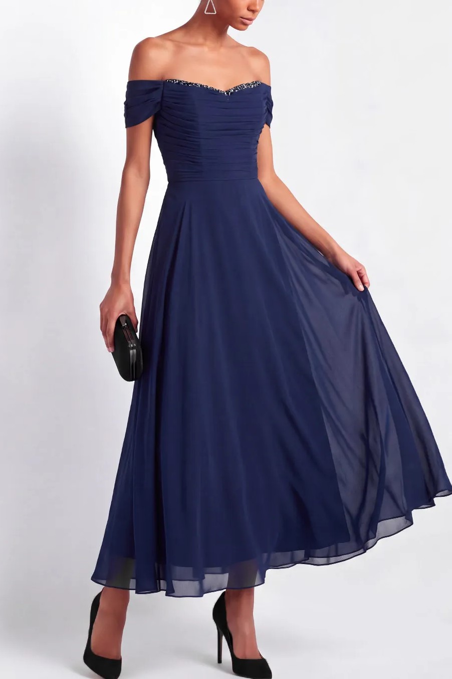 Sequin Off Shoulder A-Line Chiffon Maxi Dress