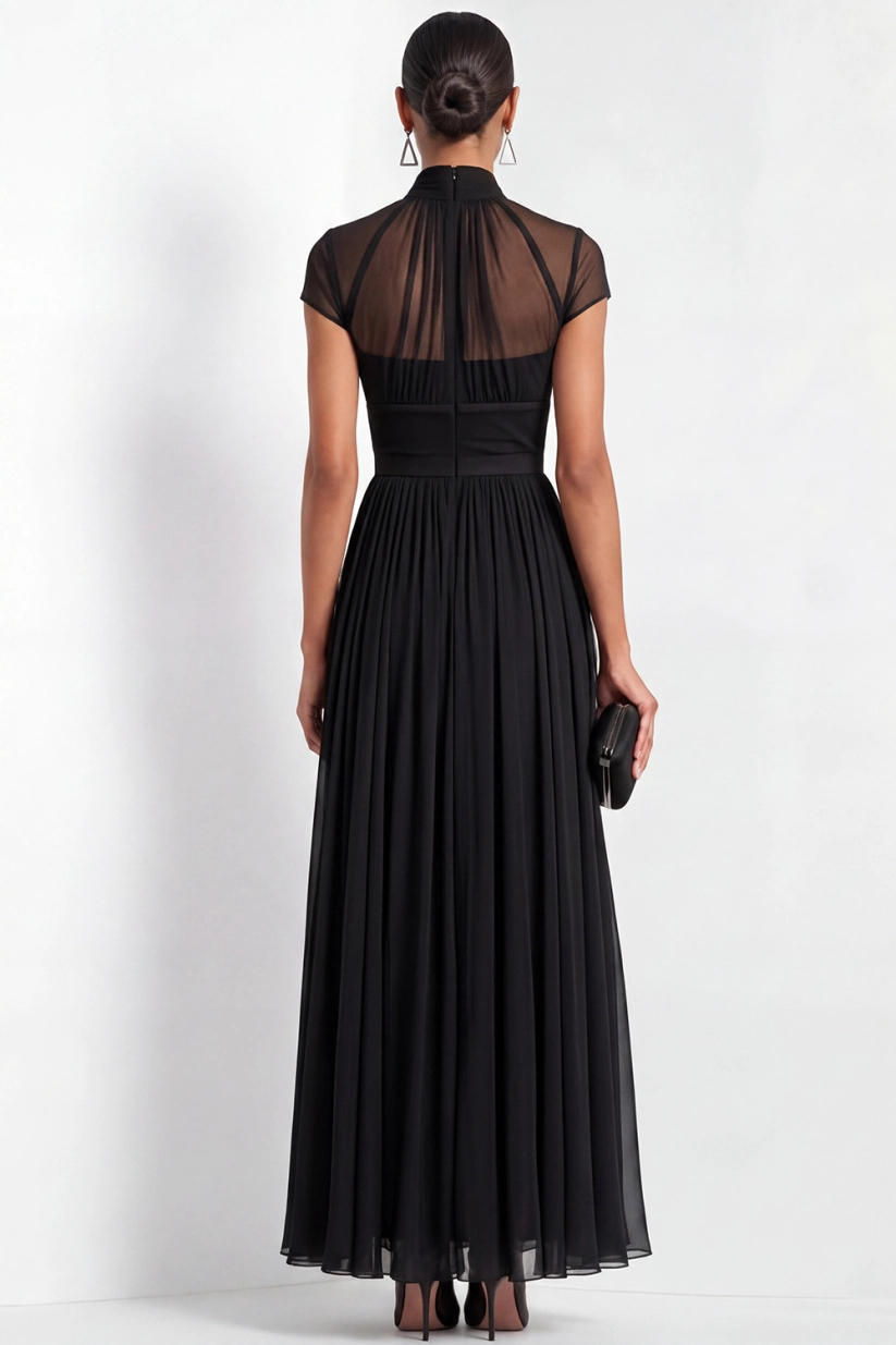 Black Illusion Neck A-Line Pleated Mesh Maxi Dress