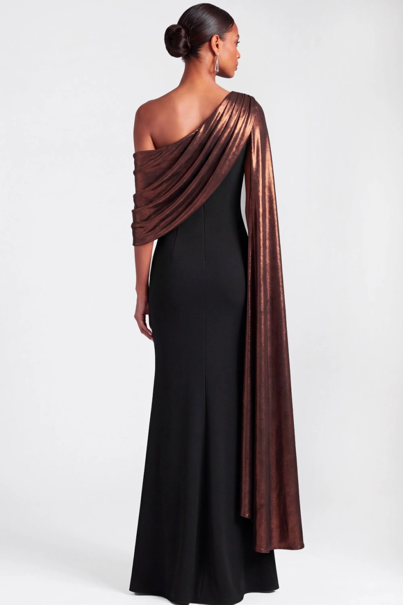 Black One Shoulder Metallic Mermaid with Sash Maxi Dress