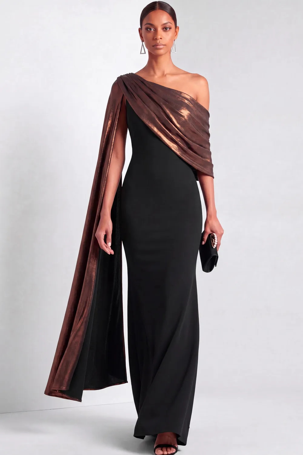 Black One Shoulder Metallic Mermaid with Sash Maxi Dress