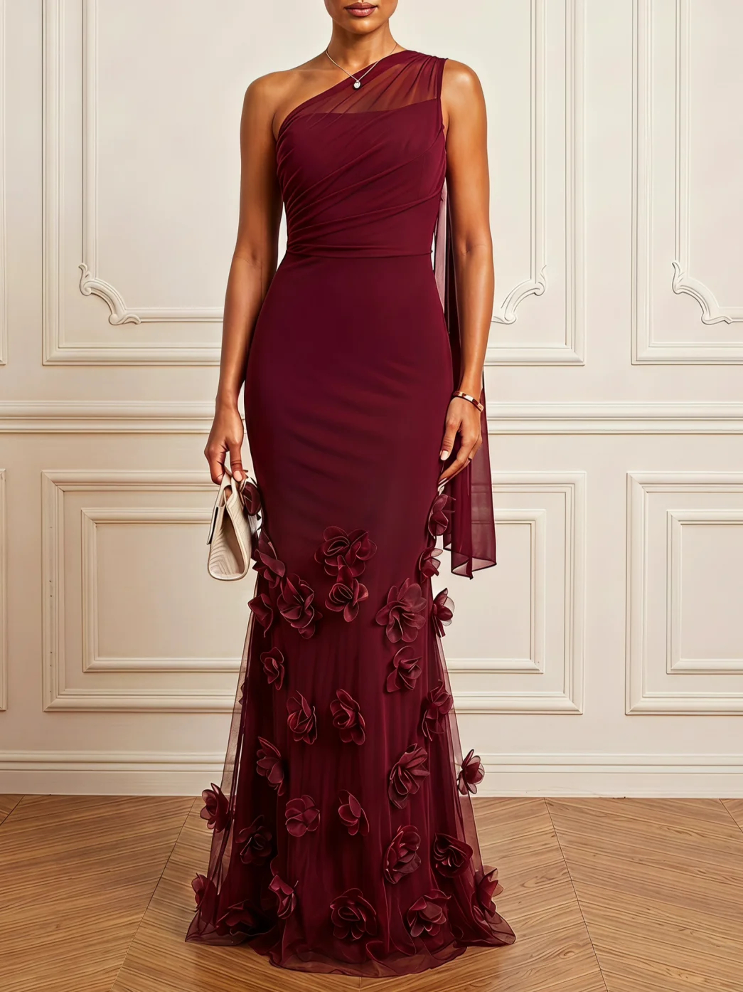 3D Floral Tulle One Shoulder Sleeveless Mermaid Maxi Dress