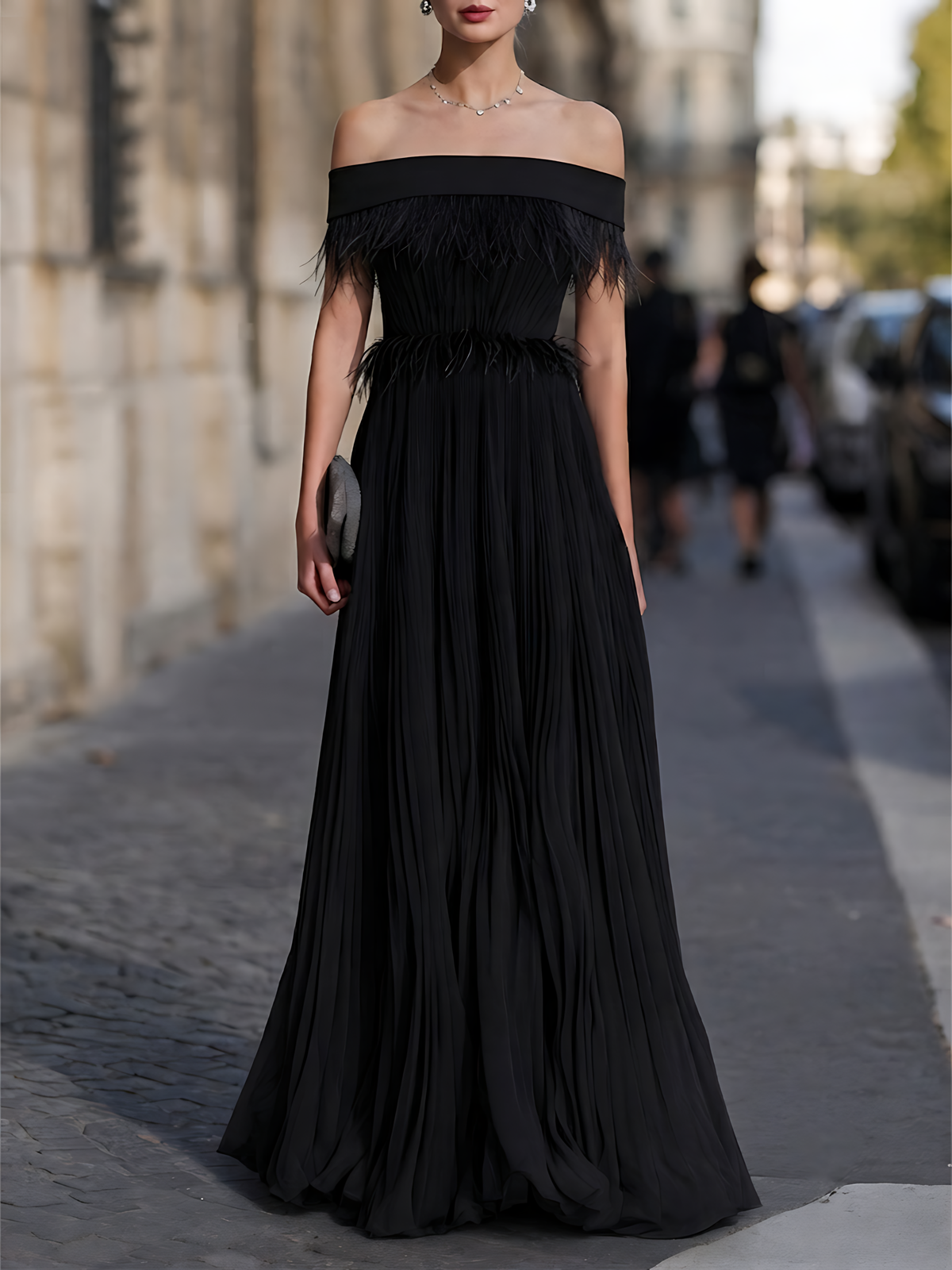 Off-Shoulder Feather-Trimmed Pleated Maxi Dress
