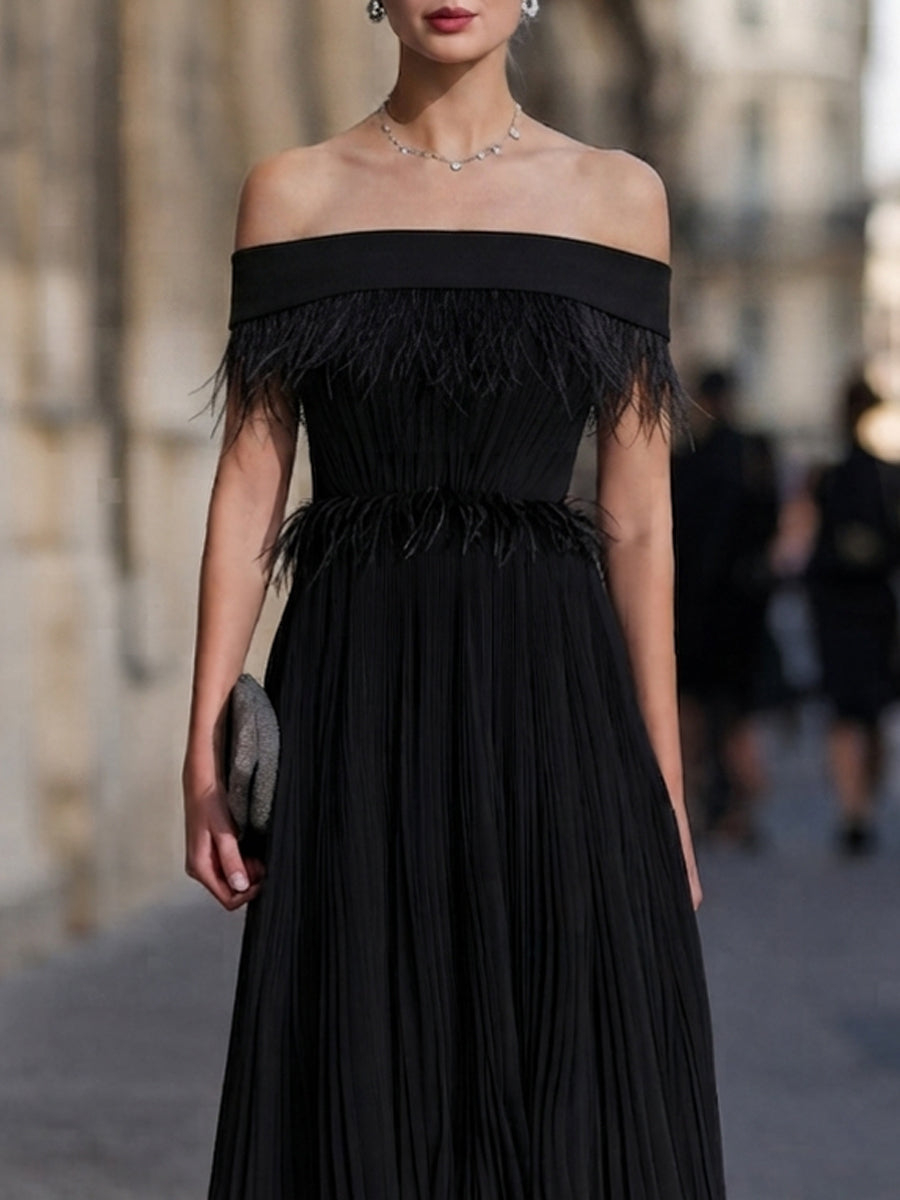 Off-Shoulder Feather-Trimmed Pleated Maxi Dress