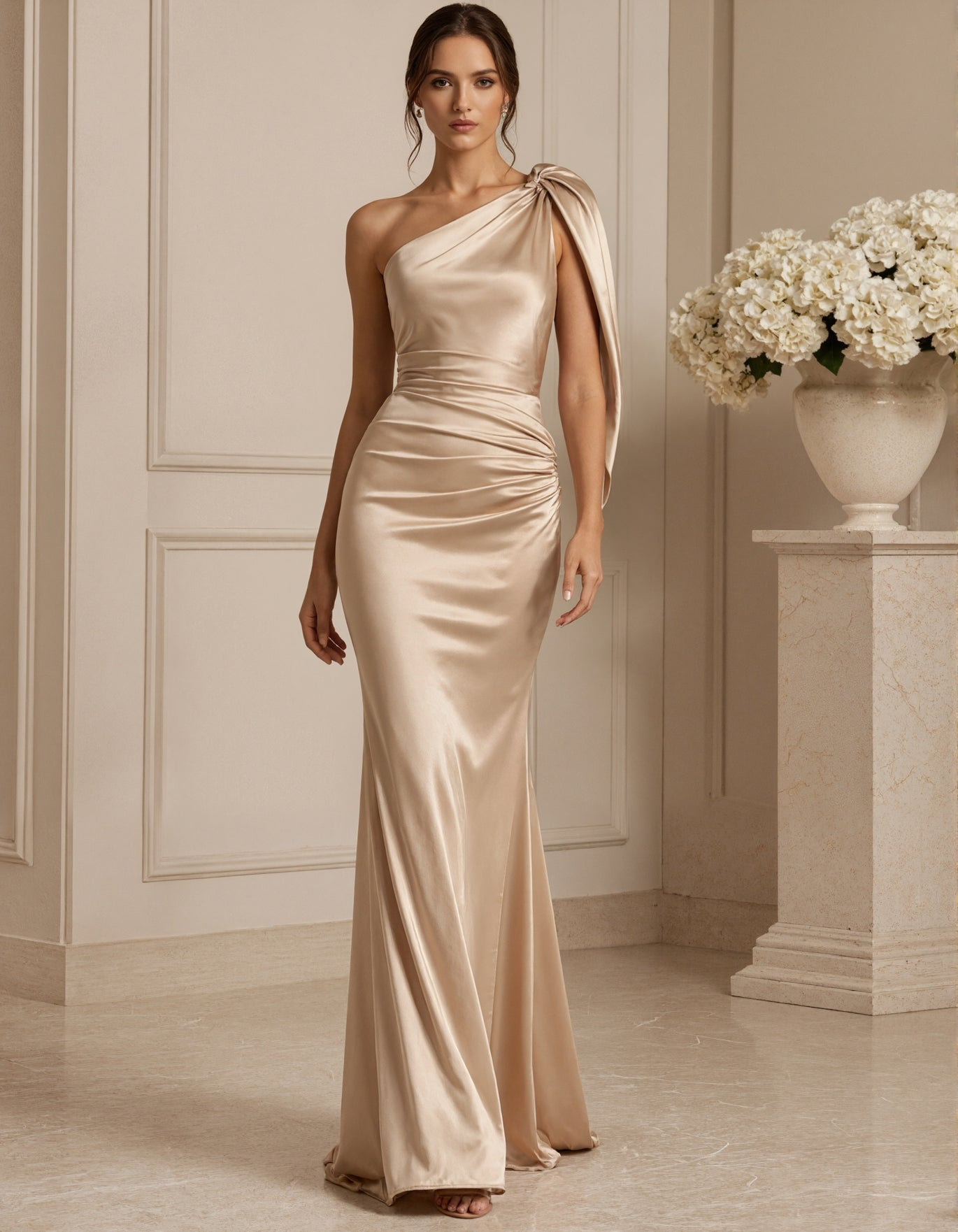 Champagne Satin One Shoulder Maxi Dress
