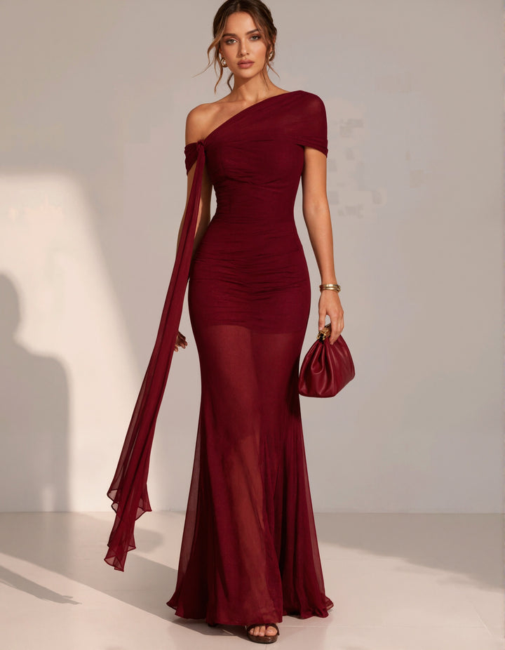 Burgundy Chiffon One Shoulder Short Sleeved Draped Maxi Dress