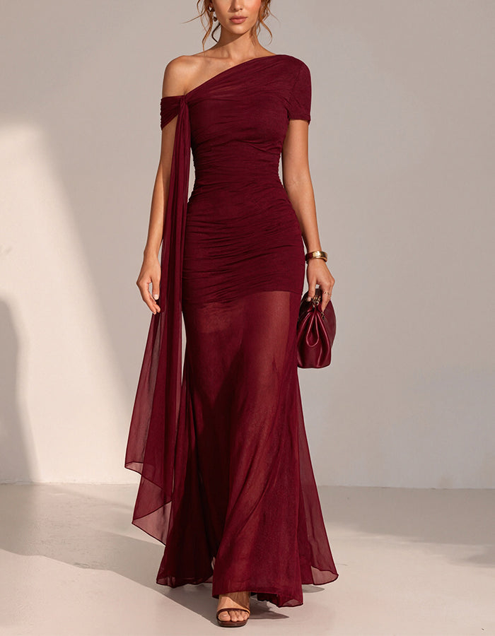 Burgundy Chiffon One Shoulder Short Sleeved Draped Maxi Dress