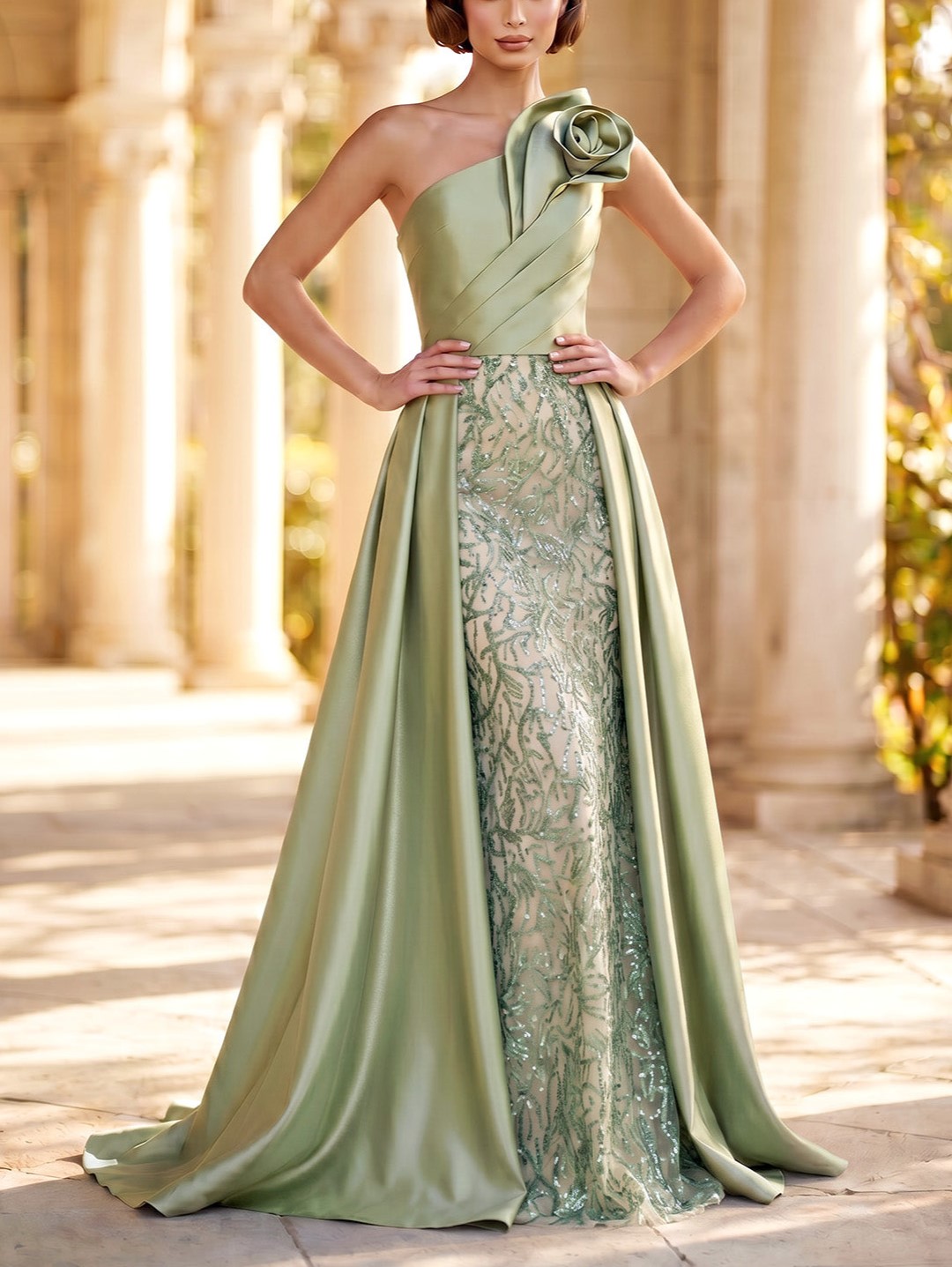 Sheath Beaded Embroidery With Overskirt Zipper 3D Flower Maxi Dress