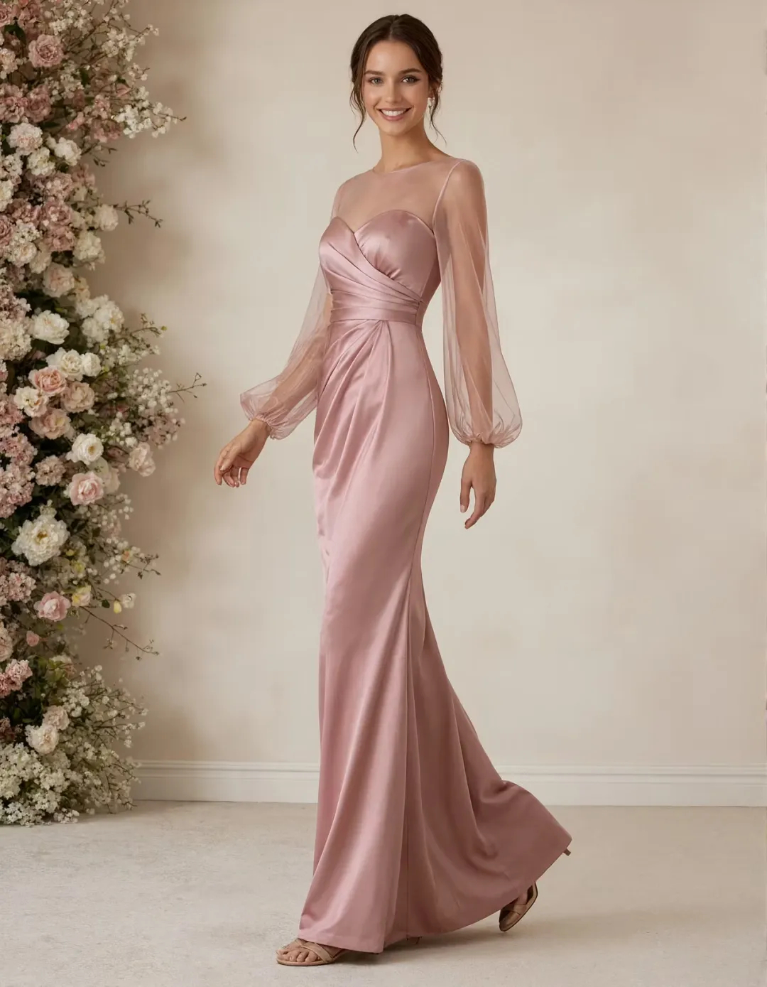 Pink Round Neck Satin Tulle Puff Sleeves Maxi Dress