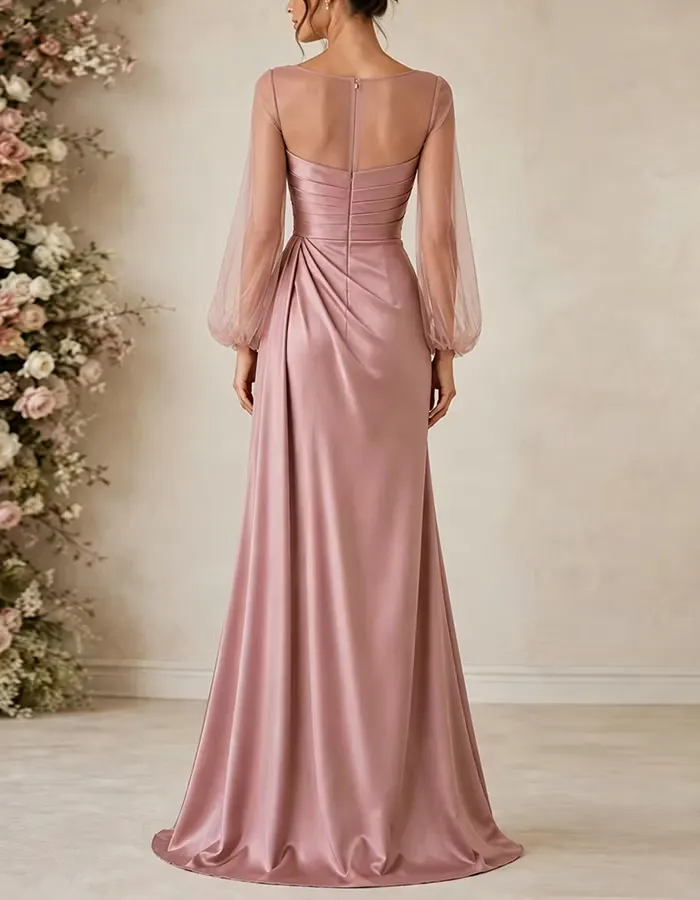 Pink Round Neck Satin Tulle Puff Sleeves Maxi Dress