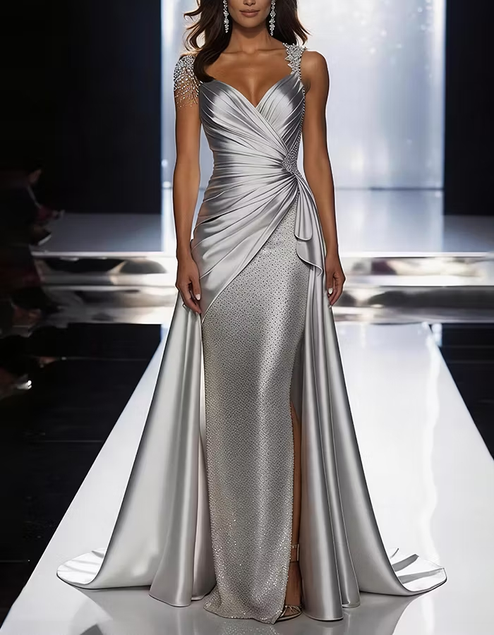 Silver Grey Deep V-Neck Draped Satin Metallic Mermaid Maxi Dress