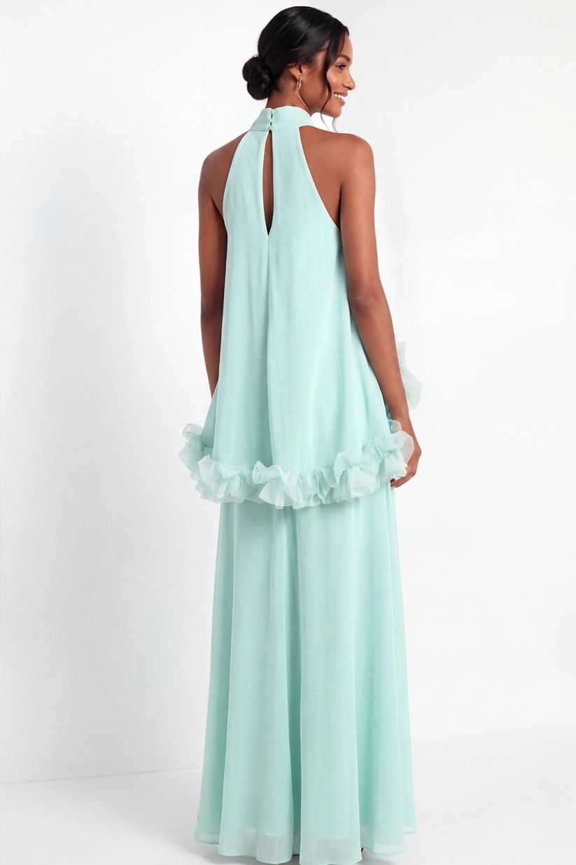 Halter A-Line Chiffon Ruffled Maxi Dress