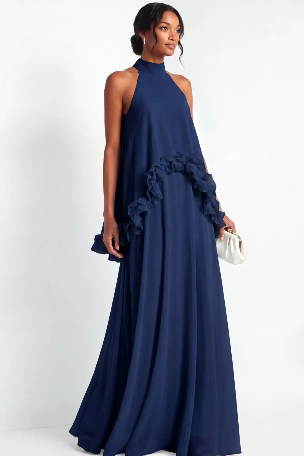 Halter A-Line Chiffon Ruffled Maxi Dress