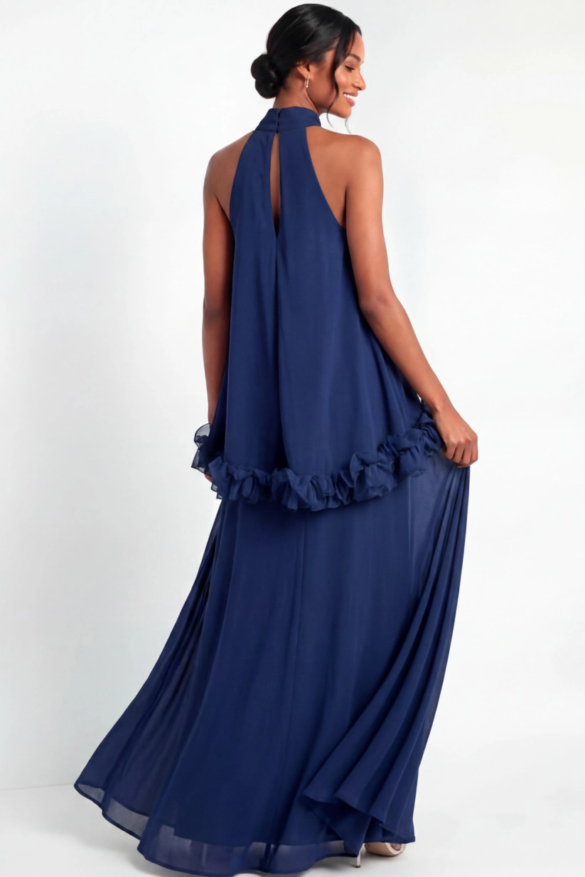 Halter A-Line Chiffon Ruffled Maxi Dress