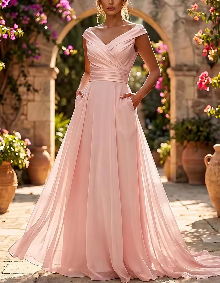 Off-the-Shoulder Ruched Chiffon A-Line Maxi Dress