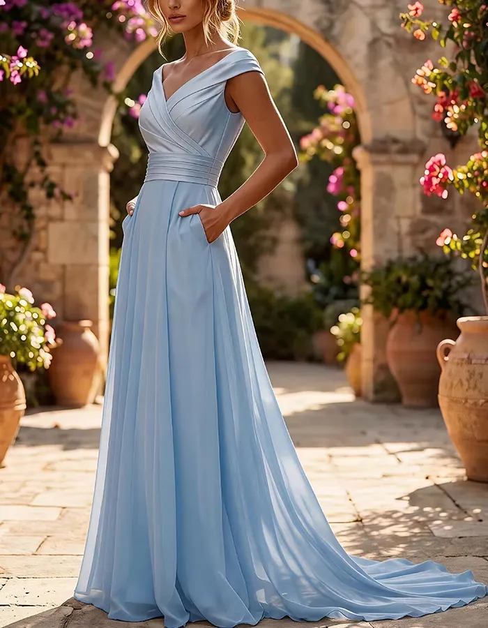Off-the-Shoulder Ruched Chiffon A-Line Maxi Dress