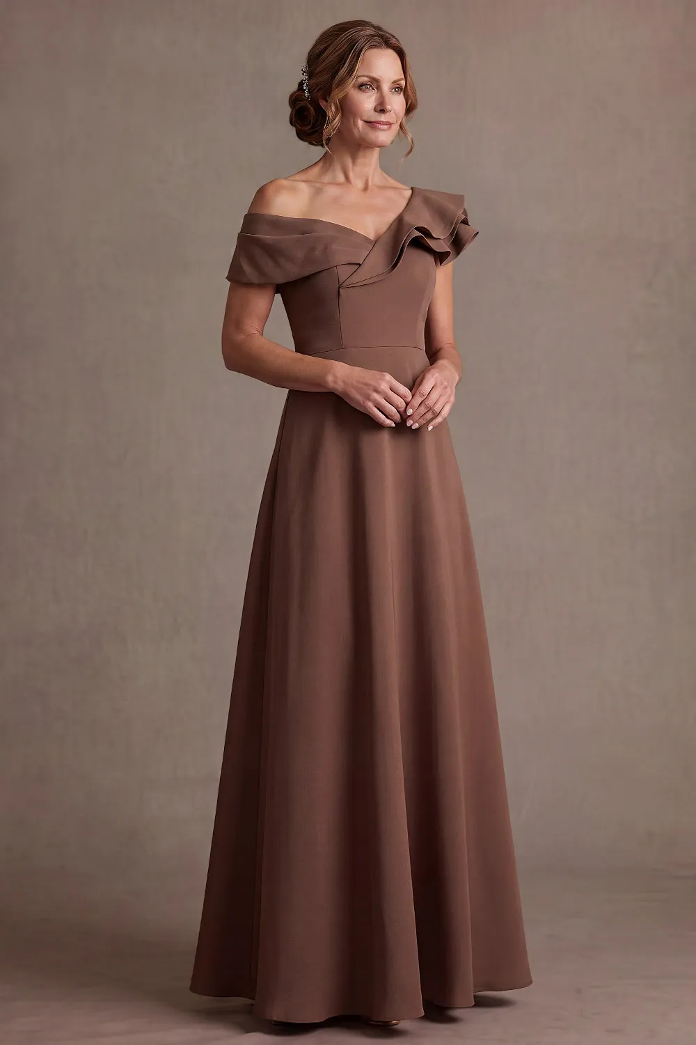 Brown Ruffle Off Shoulder A-Line Wedding Guest Dress