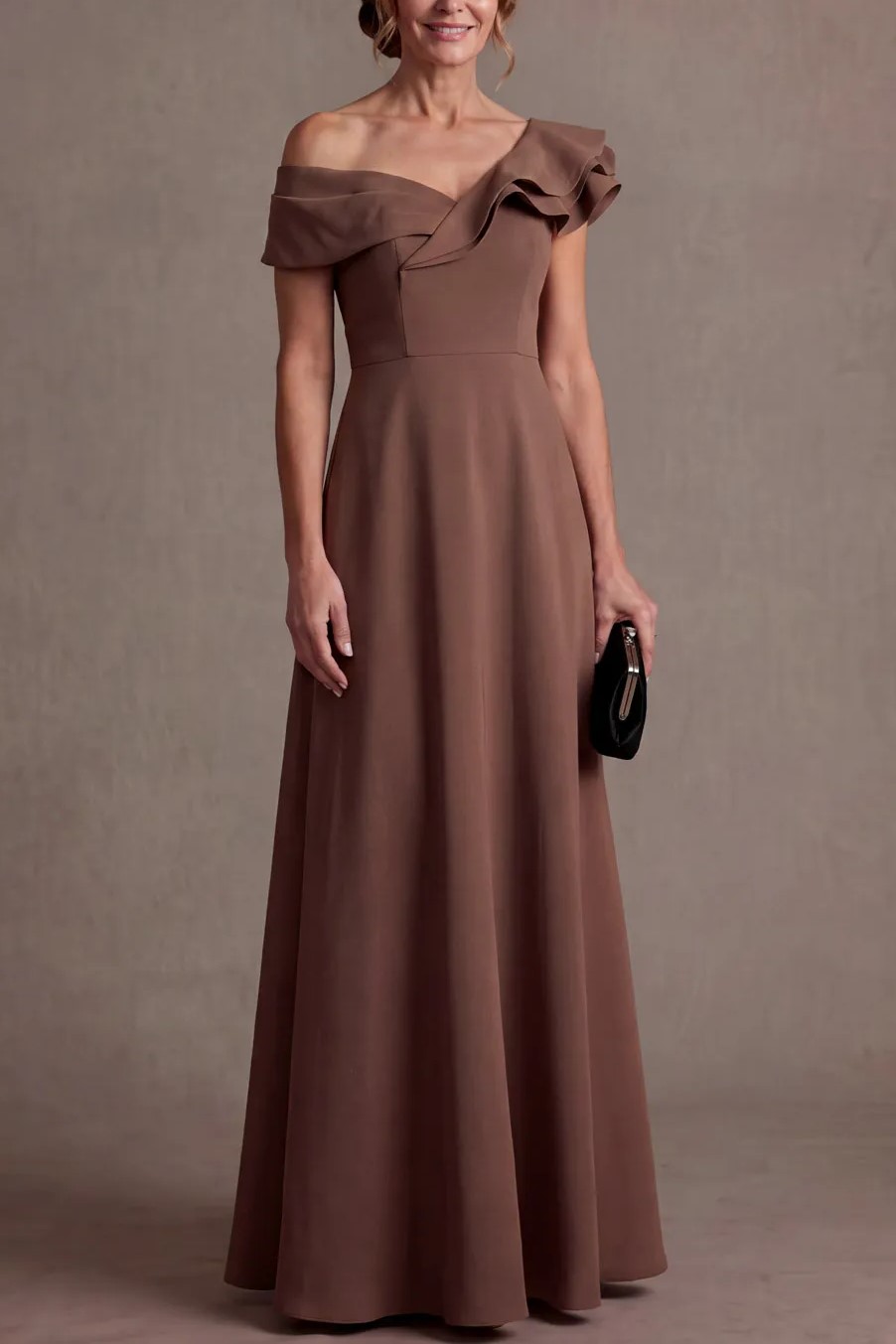 Brown Ruffle Off Shoulder A-Line Wedding Guest Dress