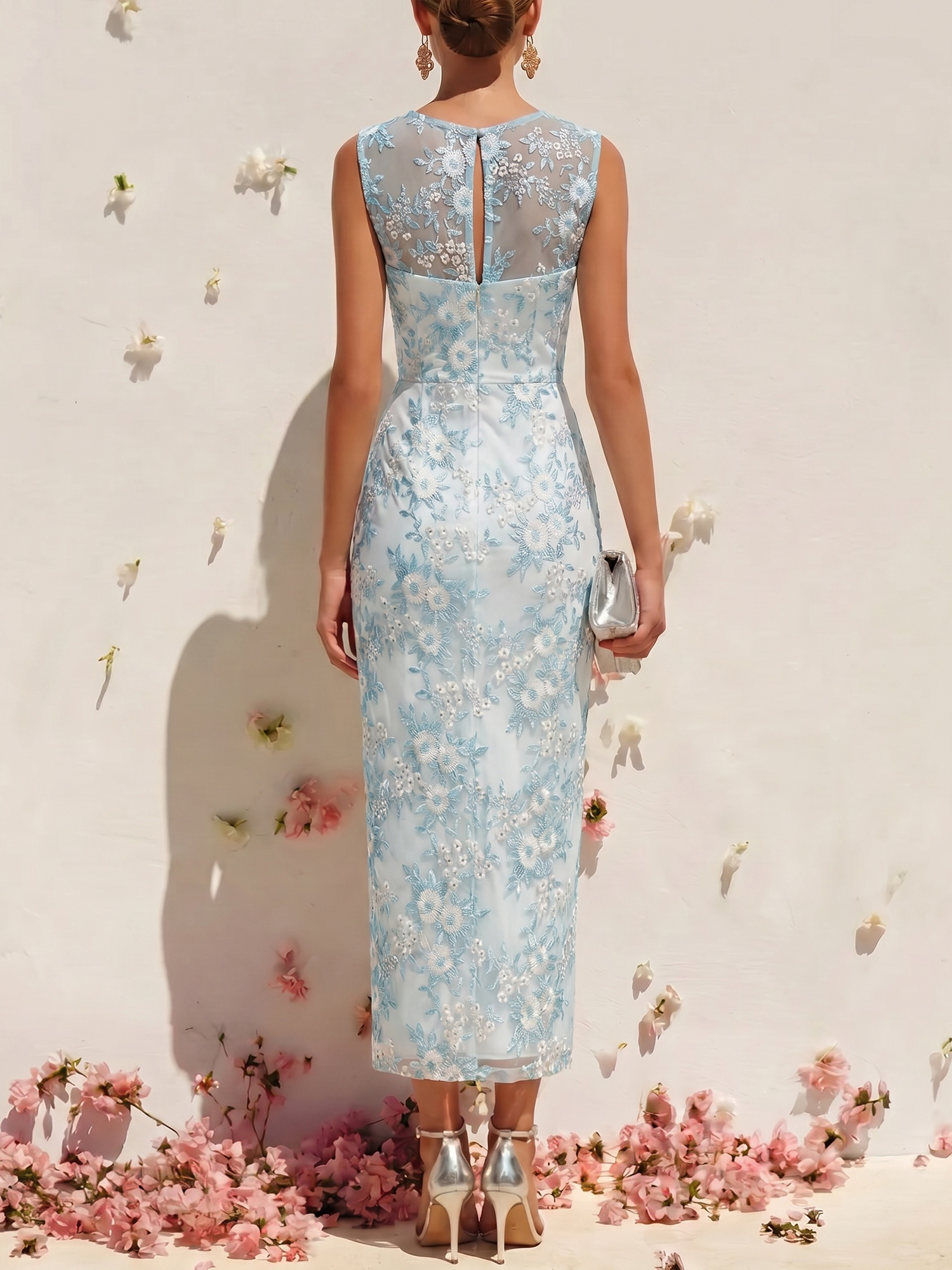 Elegant Sheath Floral Embroidered Midi Dress