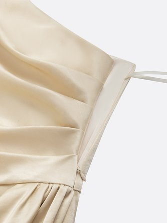 Champagne One-Shoulder 3D Floral Ruched Satin Sheath Gown
