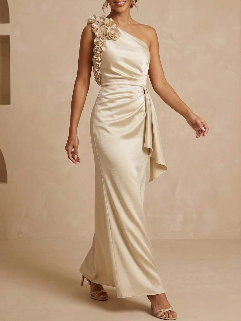 Champagne One-Shoulder 3D Floral Ruched Satin Sheath Gown