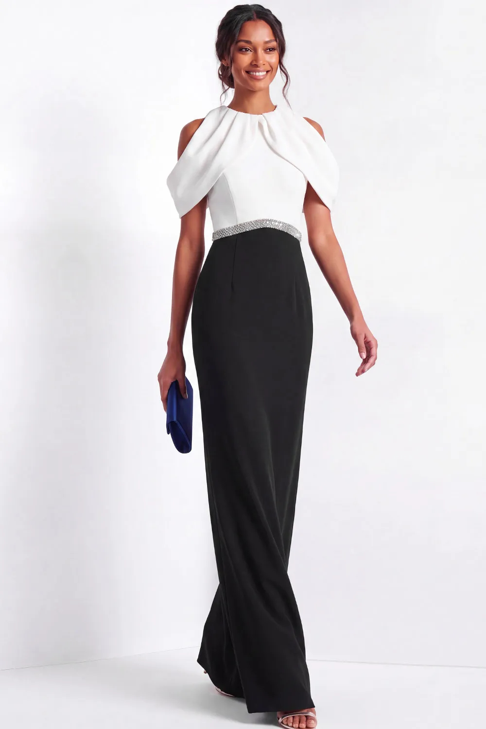 Black & White Cold-Shoulder Draped Bodice Beaded Waist Sheath Gown