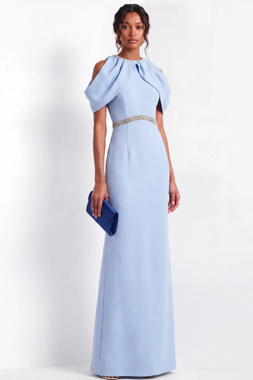 Black & White Cold-Shoulder Draped Bodice Beaded Waist Sheath Gown