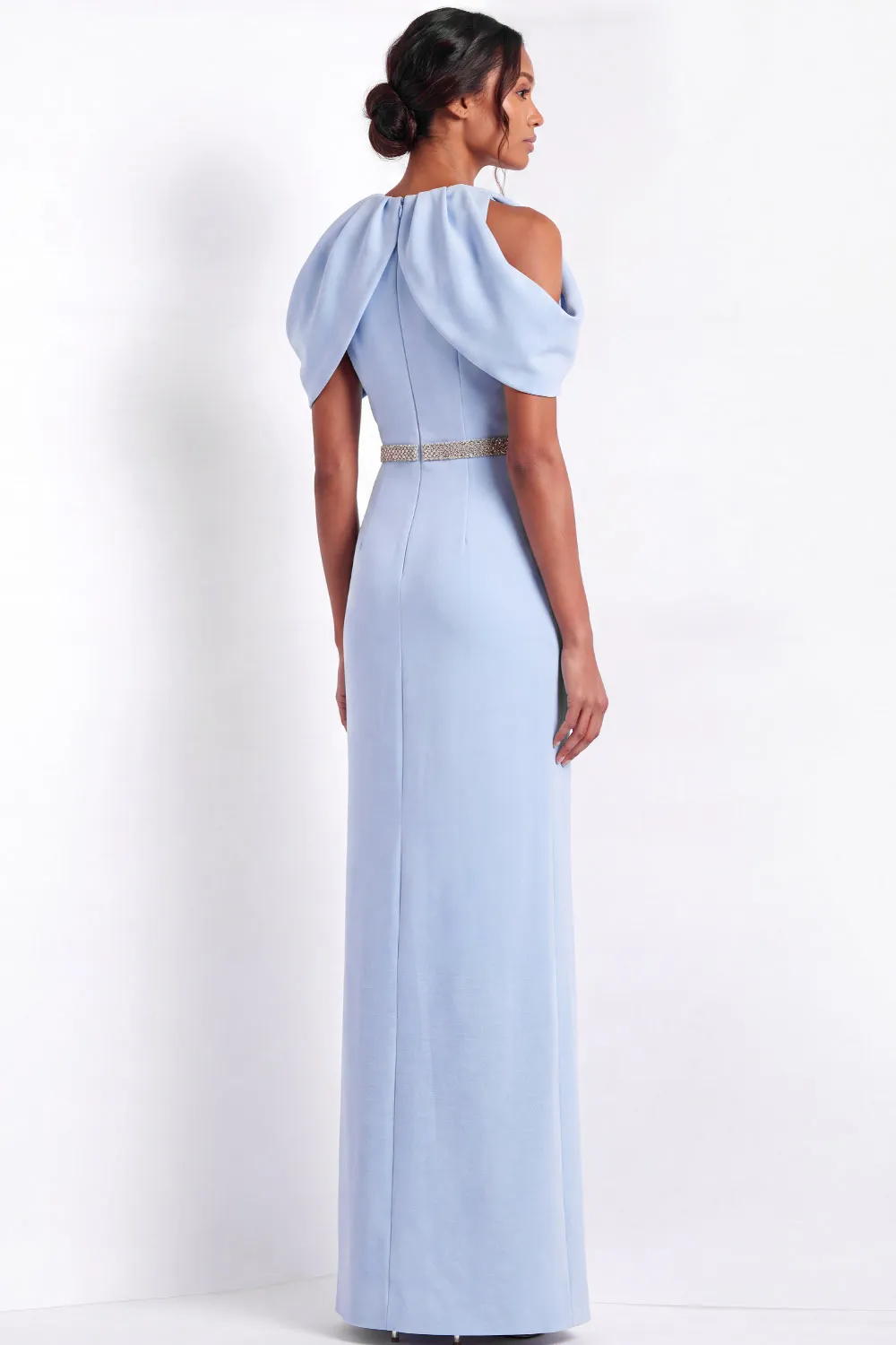 Black & White Cold-Shoulder Draped Bodice Beaded Waist Sheath Gown