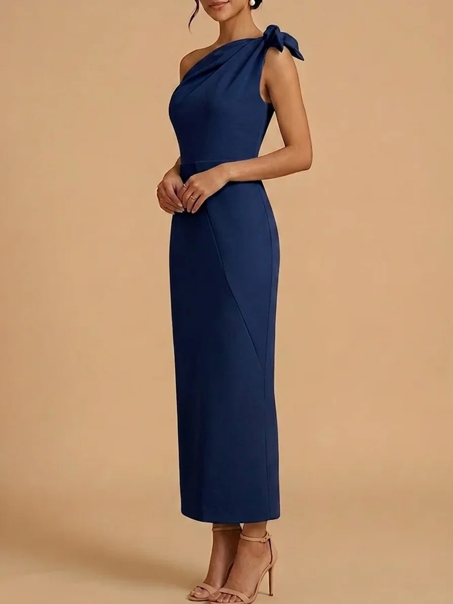 Navy Blue One-Shoulder Bow Detail Ruched Sheath Maxi Dress