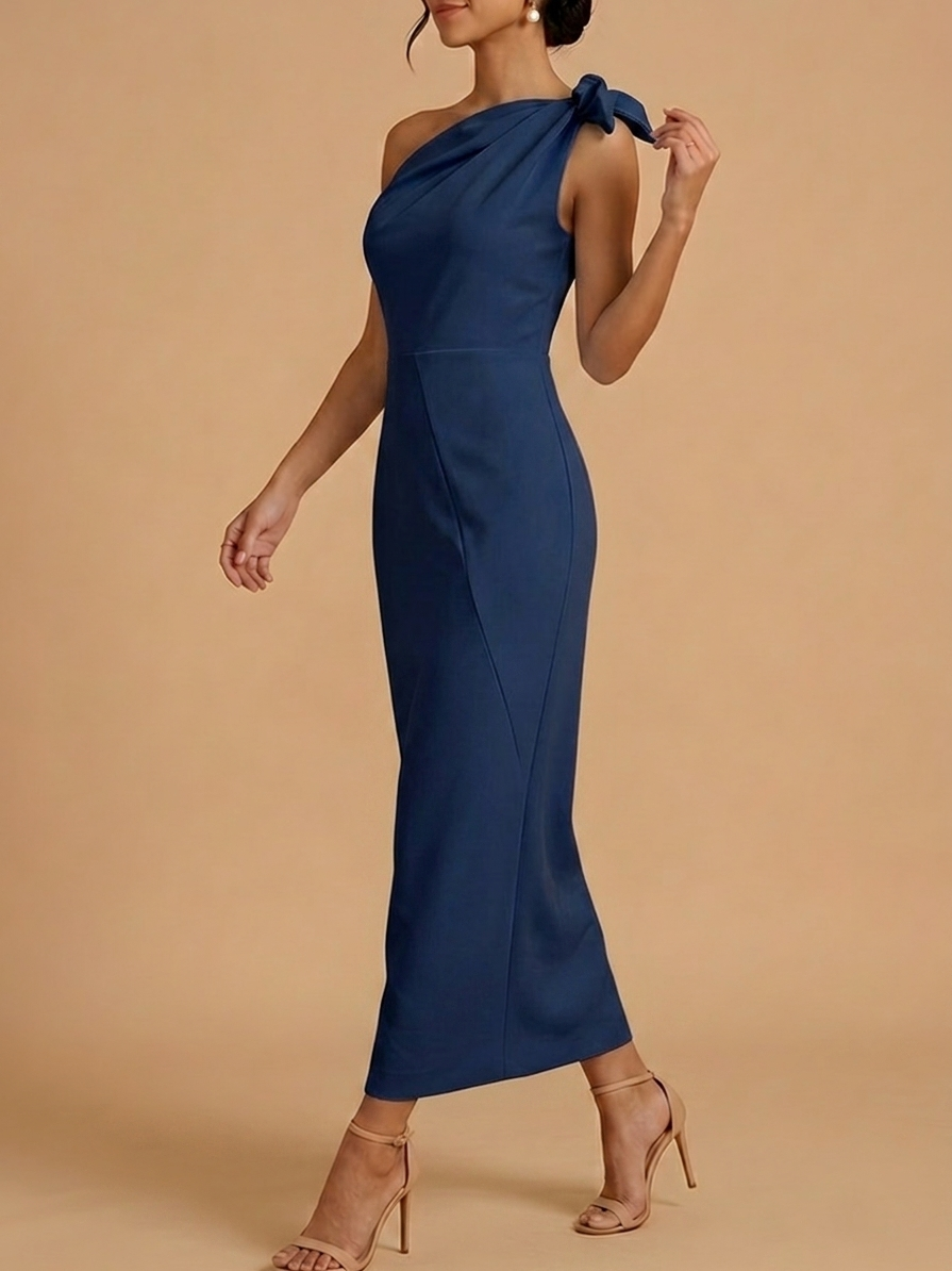 Navy Blue One-Shoulder Bow Detail Ruched Sheath Maxi Dress