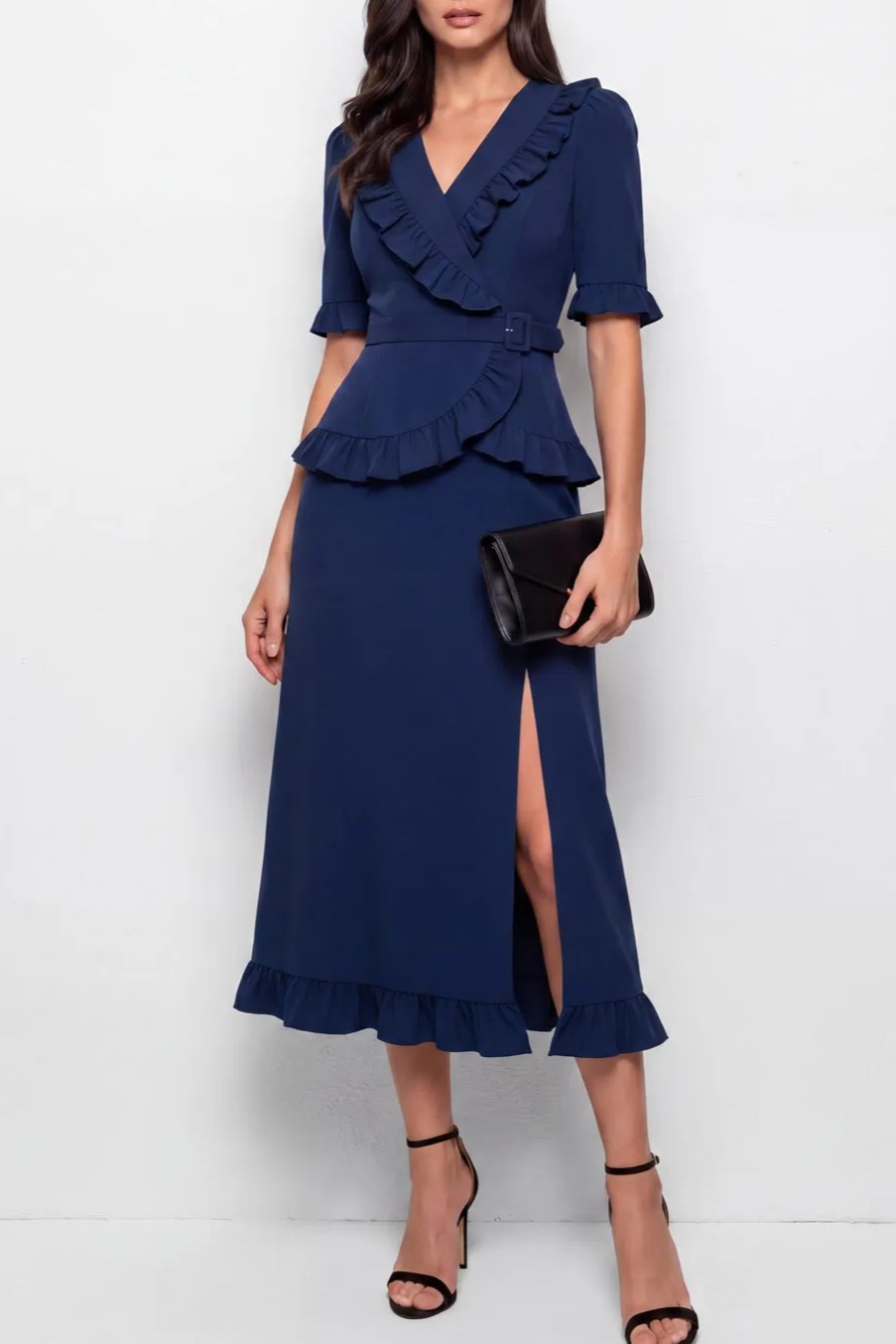 Navy Blue V-Neck Ruffle Detail Belted Midi Dress with Slit