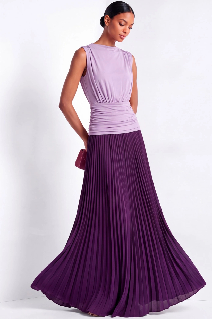 Two-Tone Taupe & Brown Sleeveless High Neck Ruched Waist Pleated Maxi Dress