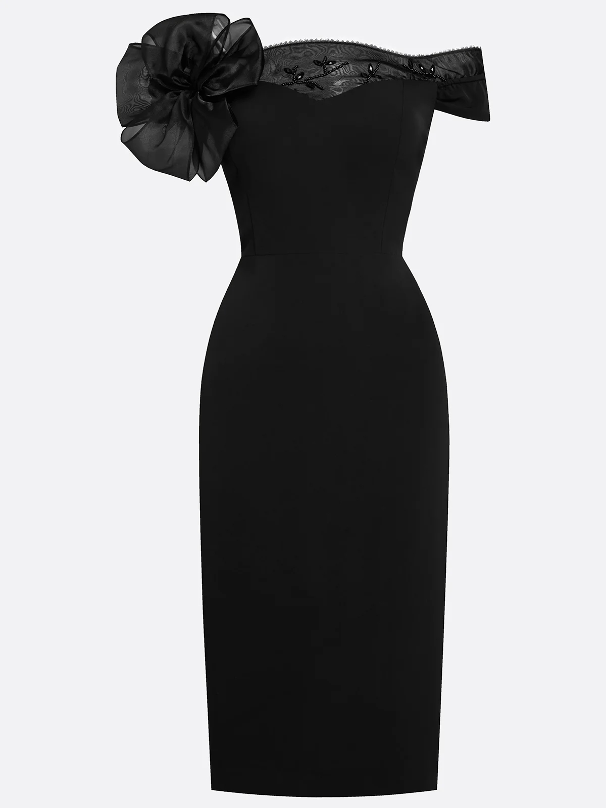 Black Off-the-Shoulder 3D Floral Beaded Sheath Midi Dress