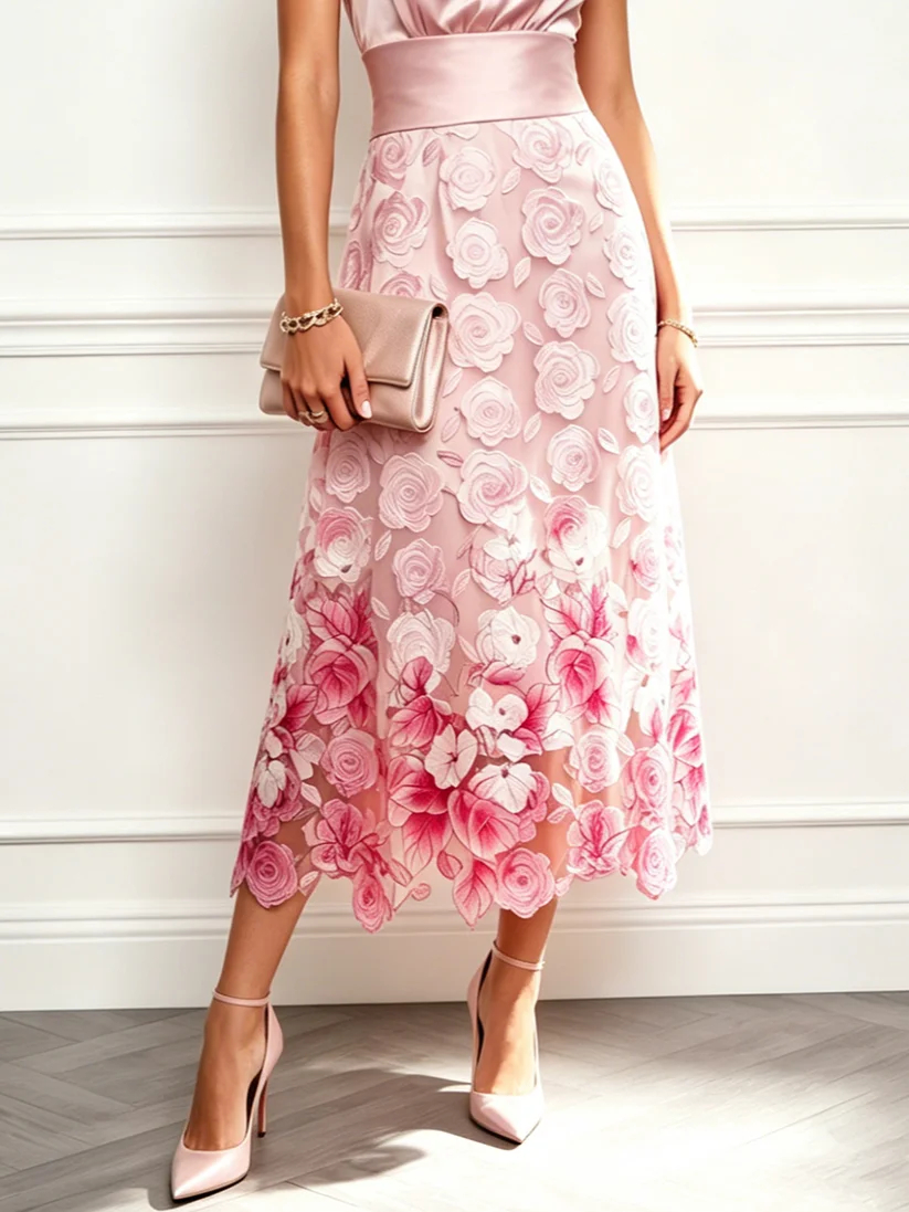 Pink Jacquard Lace One Shoulder Sleeveless A-Line Midi Dress