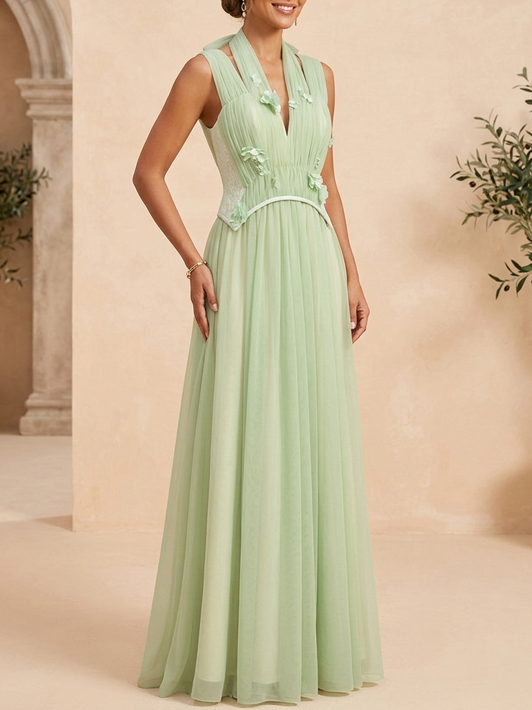 Sage Green Sleeveless V-Neck 3D Floral Chiffon A-Line Gown