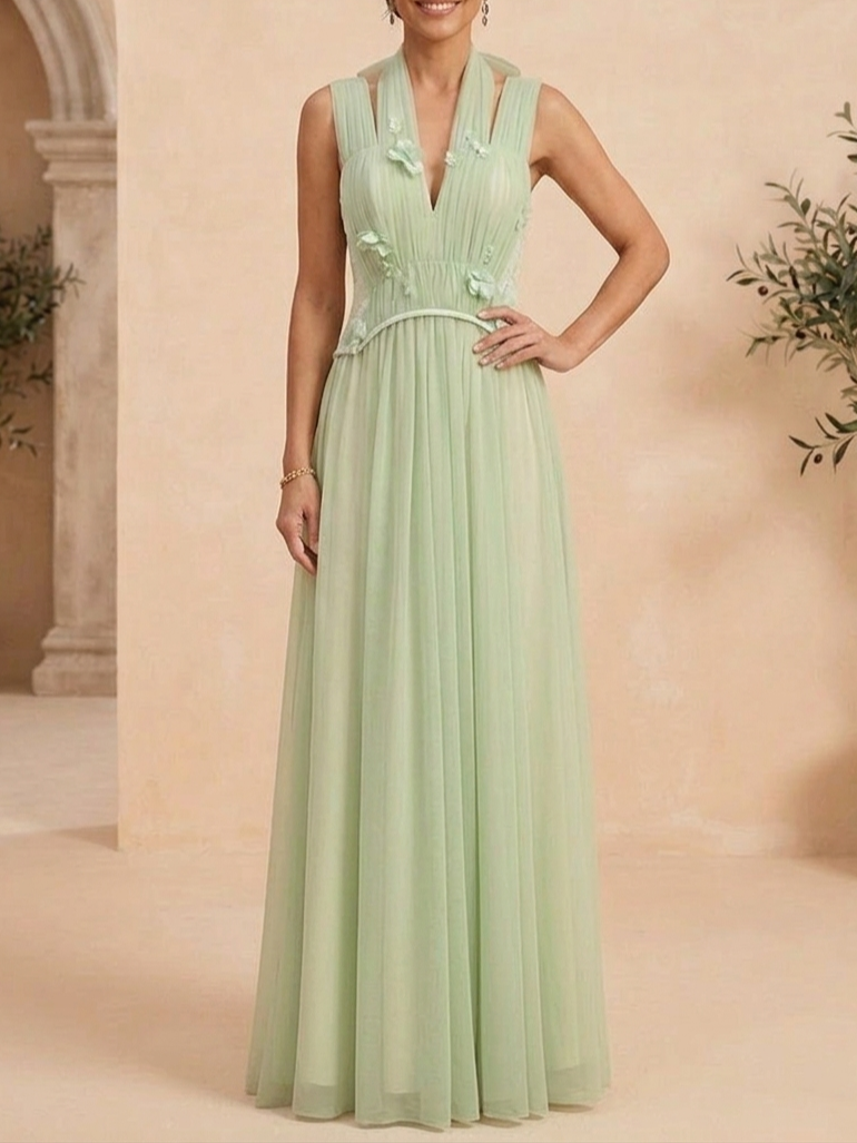 Sage Green Sleeveless V-Neck 3D Floral Chiffon A-Line Gown