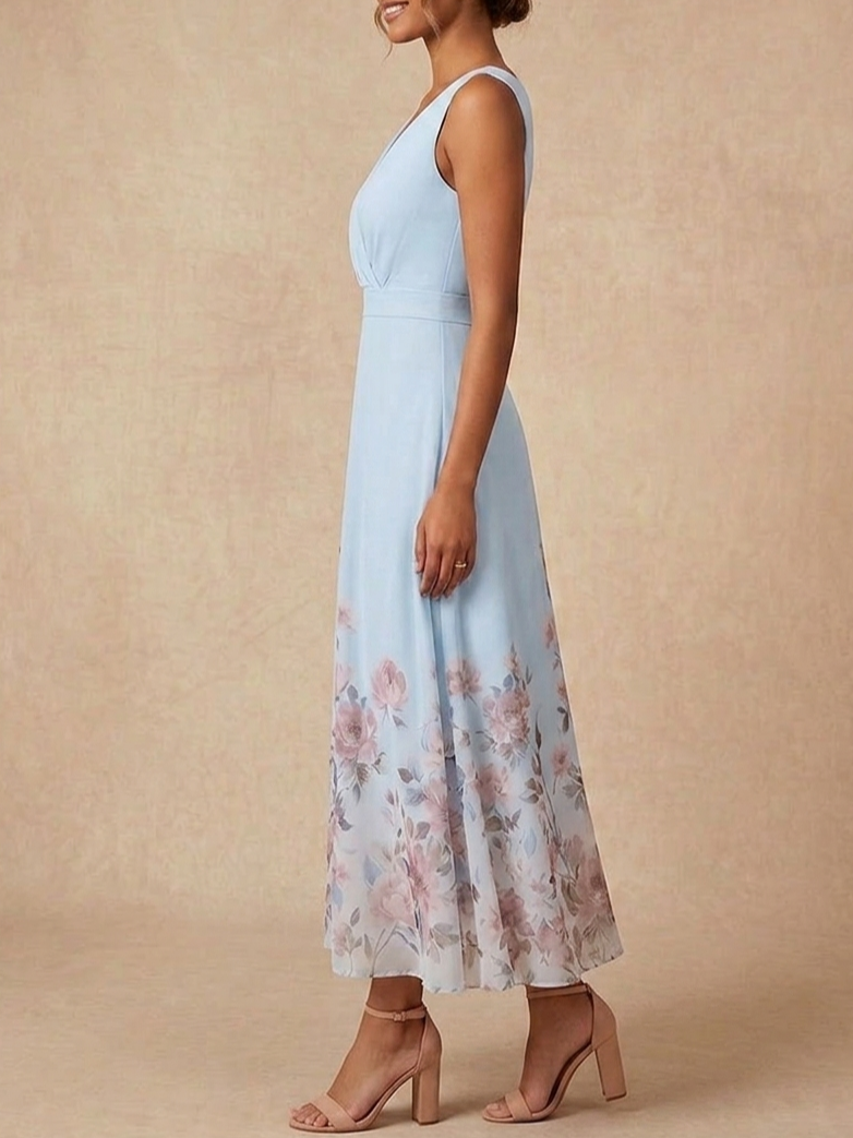 Light Blue Sleeveless V-Neck Floral Print Chiffon A-Line Maxi Dress
