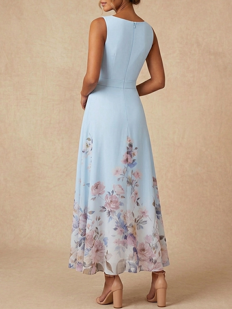 Light Blue Sleeveless V-Neck Floral Print Chiffon A-Line Maxi Dress