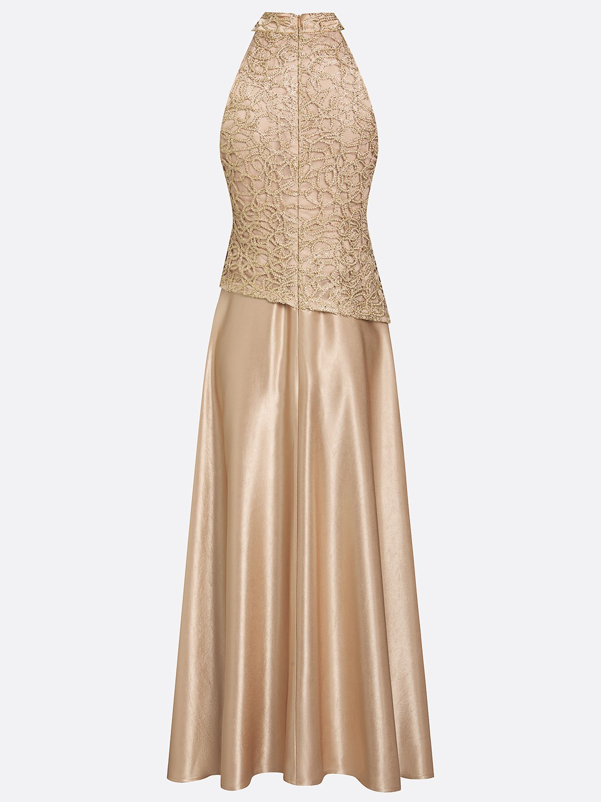 Champagne Sleeveless Halter Neck Lace Bodice Satin A-Line Maxi Dress