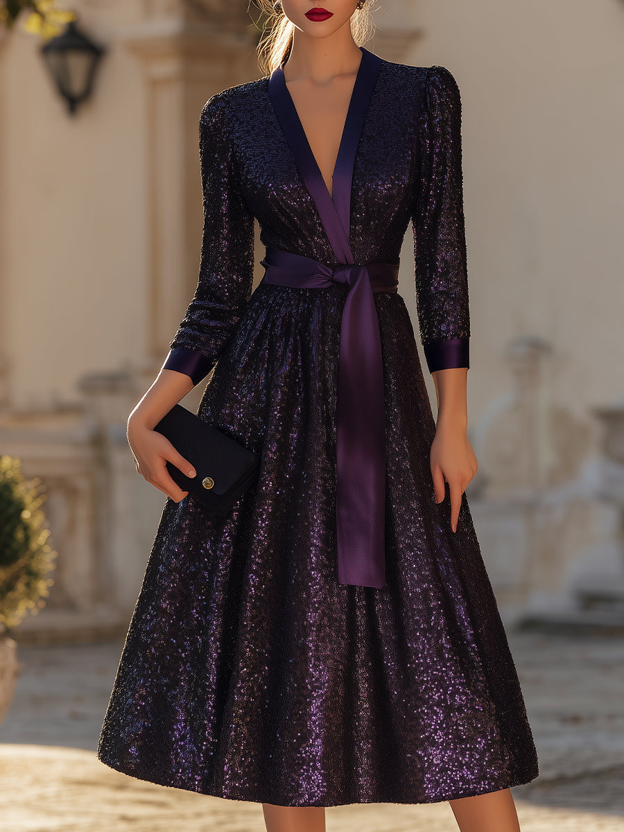 Deep V-Neck Belted Midi Dress