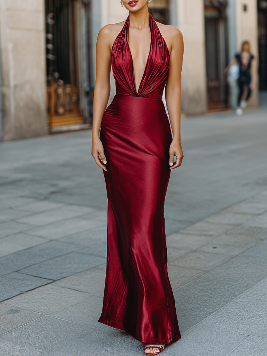 Elegant Burgundy Halter-Neck Satin Gown With Open Back