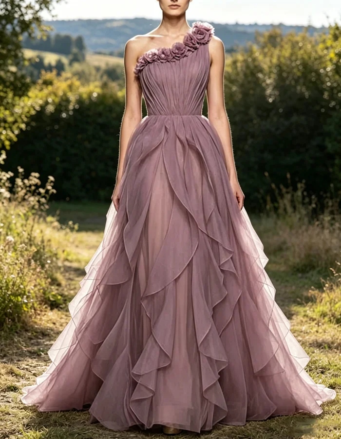 Pale Purple One-shoulder 3D Floral-embellished Maxi Dress