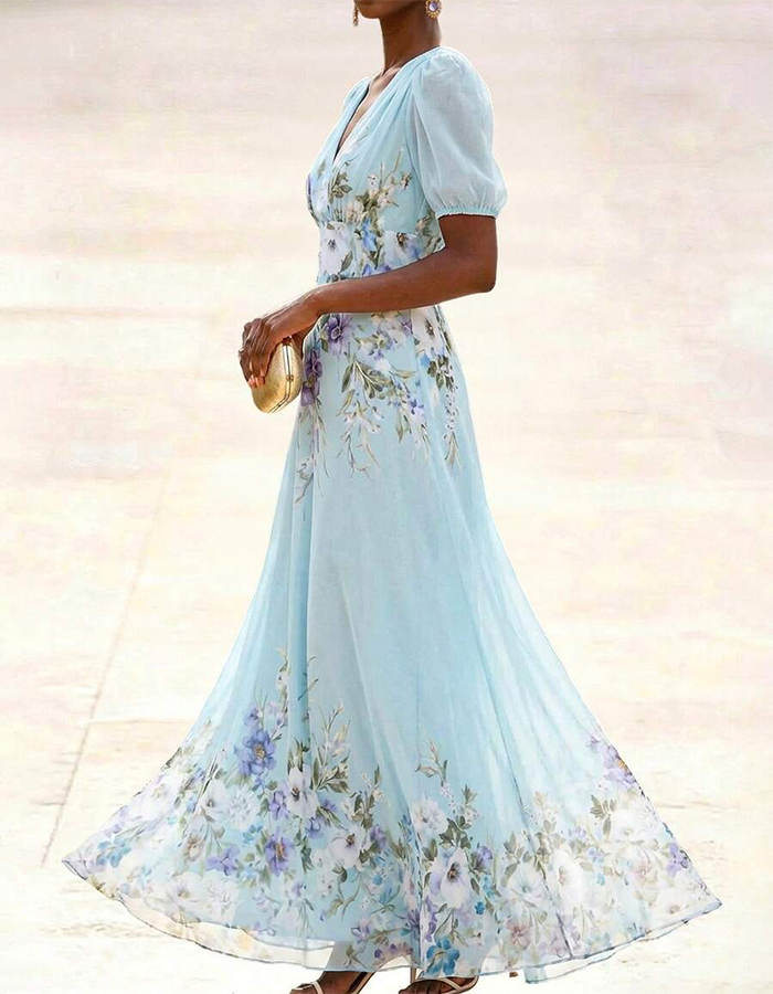 Sky Blue Chiffon Floral Print Maxi Dress