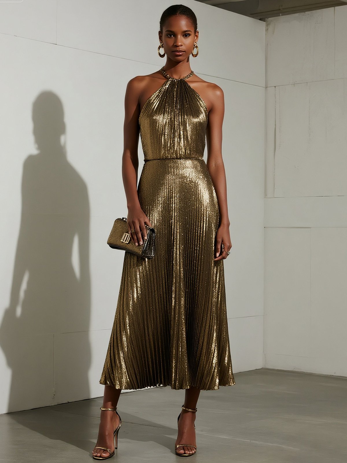 Yellow Brown Pleated Satin Halter Sleeveless A-Line Maxi Dress