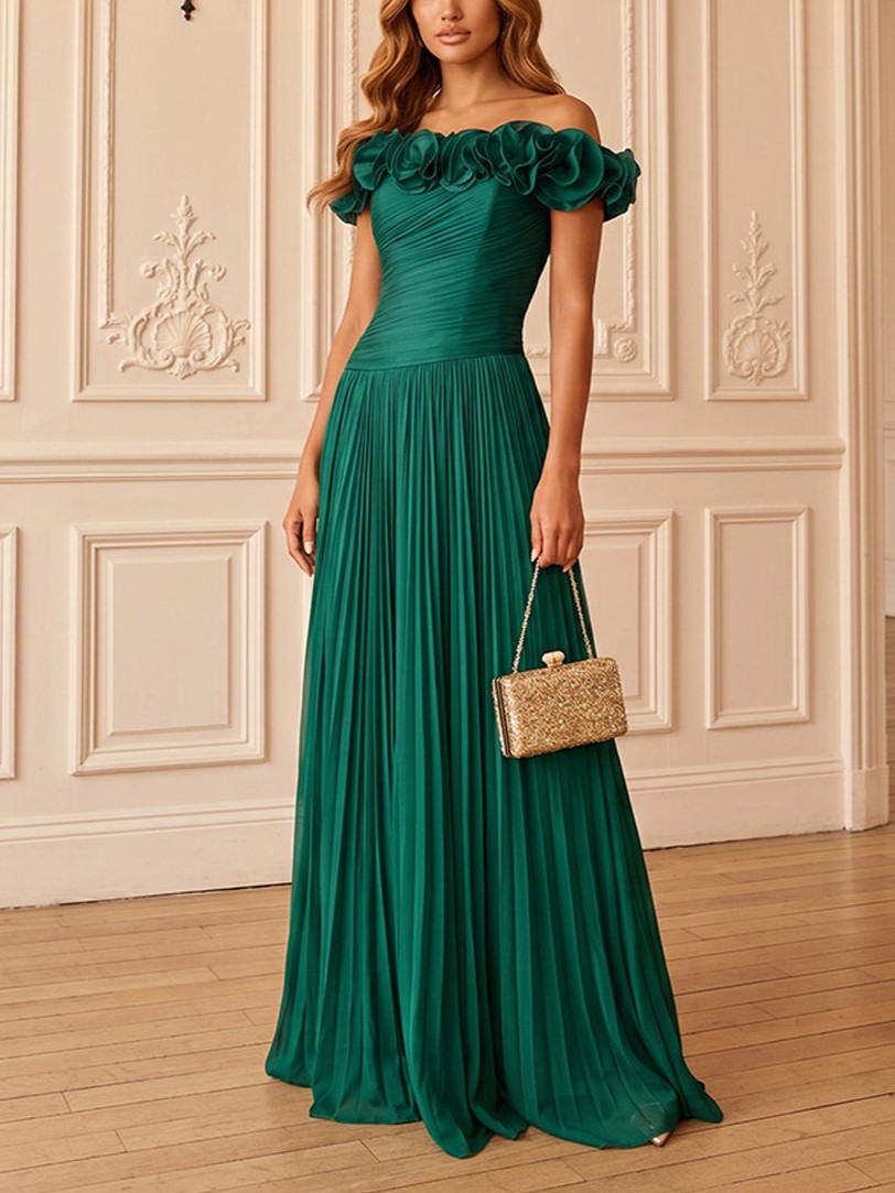 Chiffon A-Line Off Shoulde with Ruffles & Pleats Maxi Dress