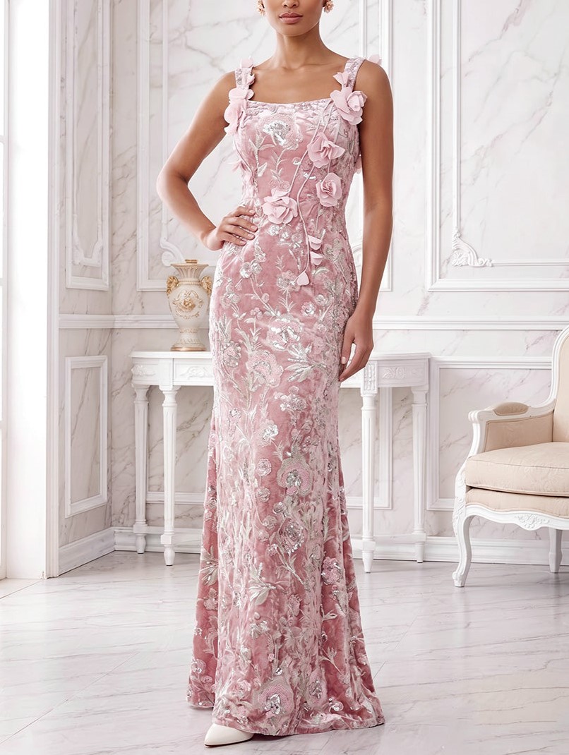 Sequin Floral Sheath Square Neck with 3D Flowers Maxi Dress