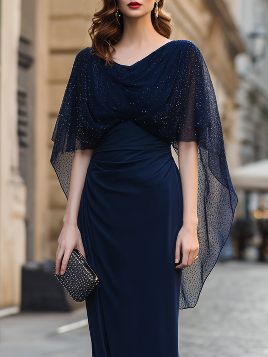 Glitter Mesh Cape Overlay Ruched Column Maxi Dress