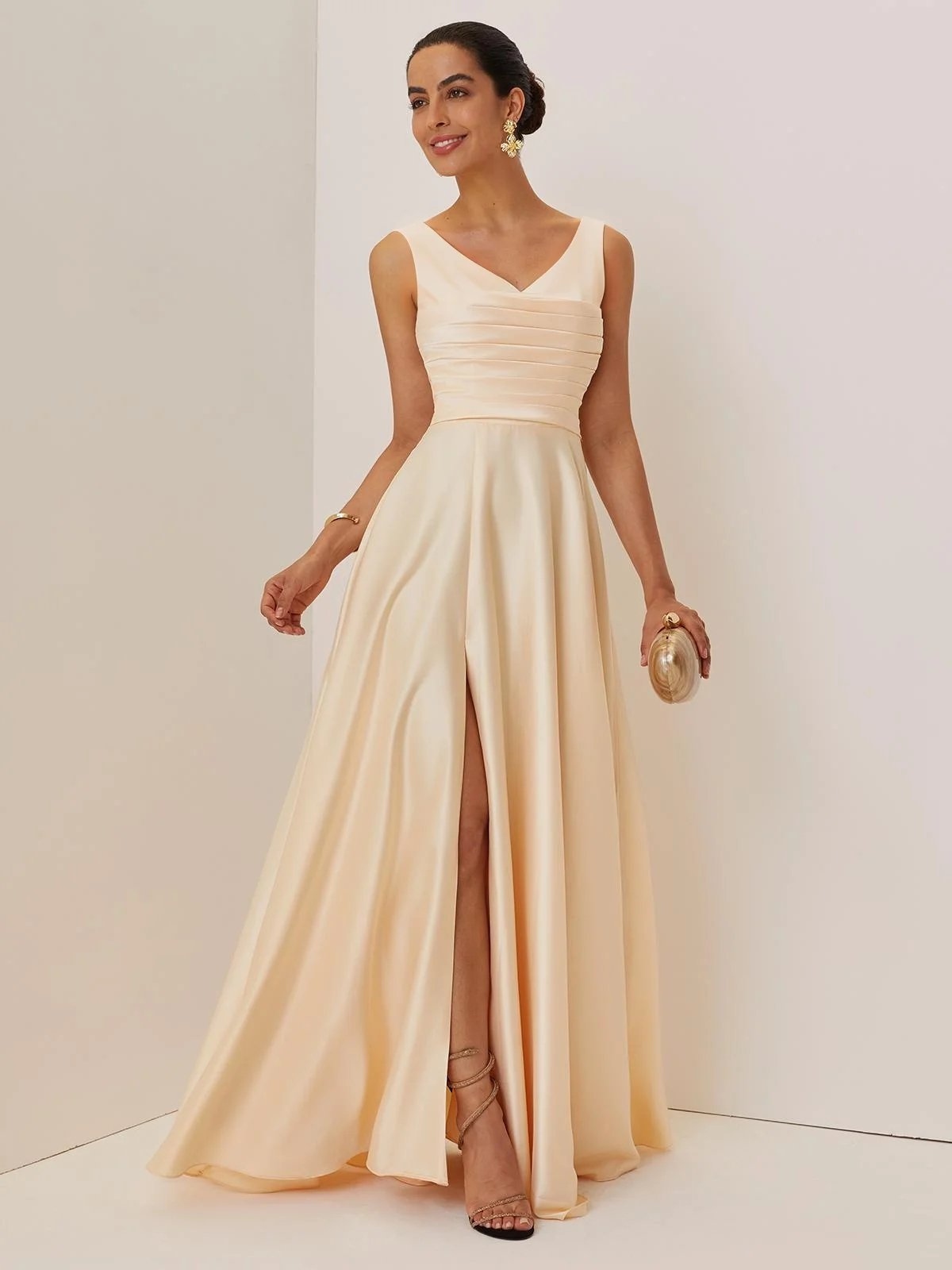 Champagne Ruched Slit Satin V Neck Sleeveless A-Line Maxi Bridesmaid Dress